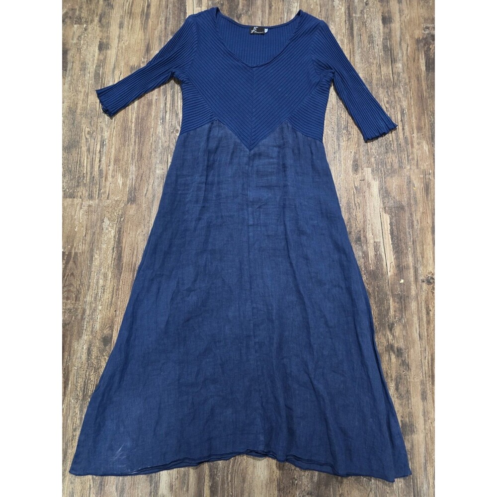 Fenini Designer,  Blue Navy Dress, Size M 100% Cotton Linen